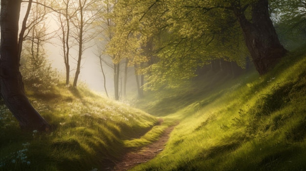 A path through a forest with a tree on the left side