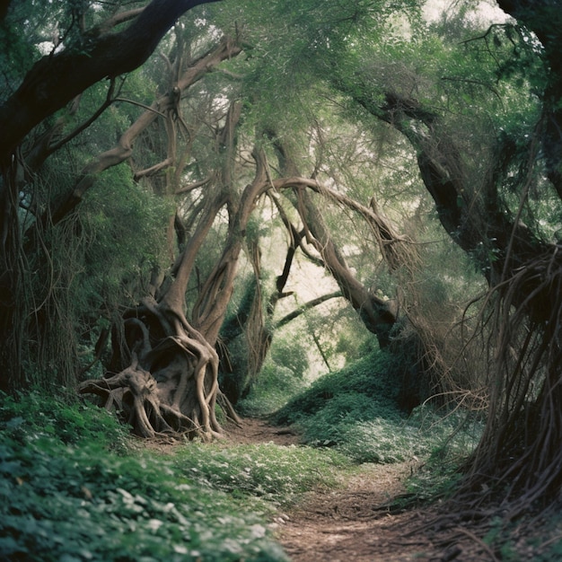 A path through the forest with a tree on the left side