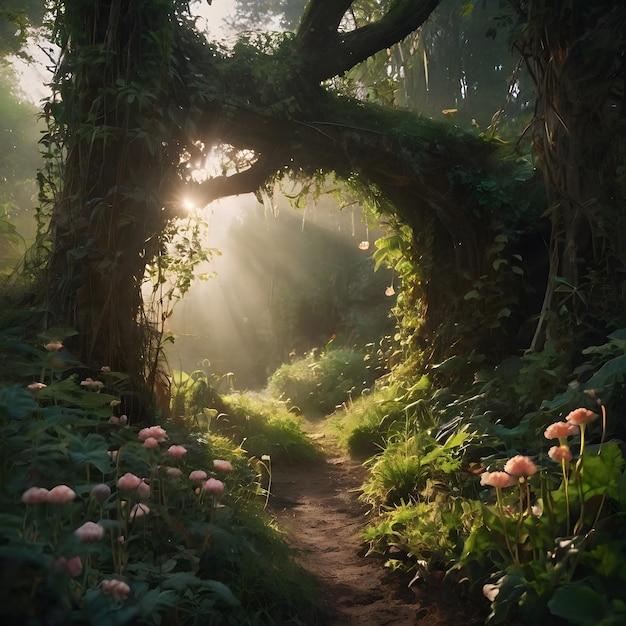 a path through a forest with a tree with the sun shining through it