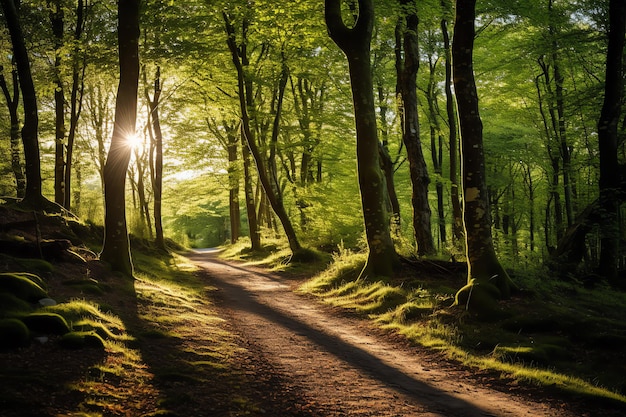 a path through a forest with trees and sun shining through