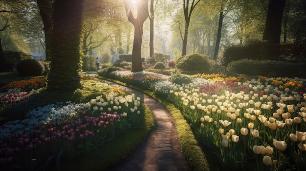 A path through a forest with tulips and a path that leads to a forest with a sun shining on it.