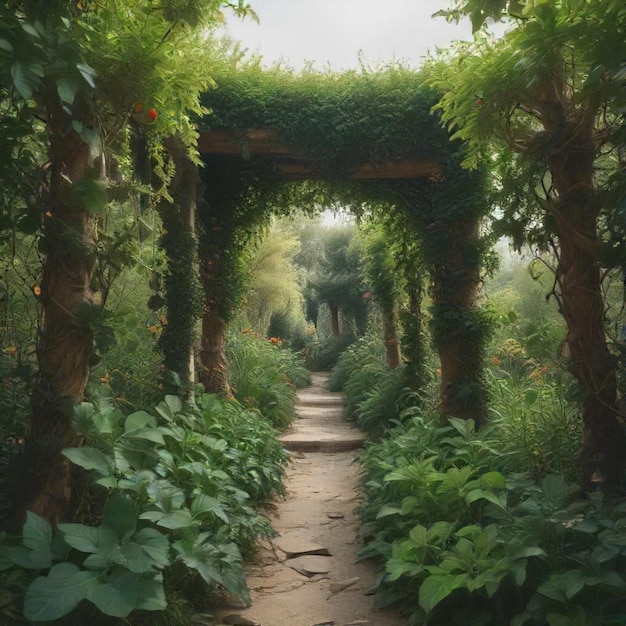 a path through a forest with a tunnel that says  garden