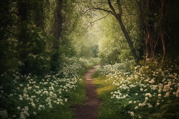 A path through a forest with white flowers