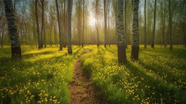 A path through a forest with yellow flowers and a path leading to the sun