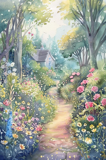 Photo a path through a garden with flowers and a house in the background