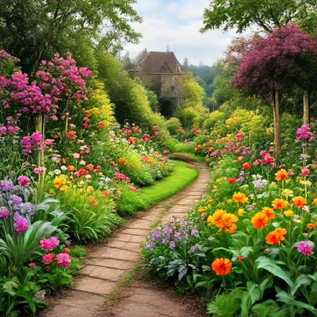 a path through a garden with flowers and a house in the background