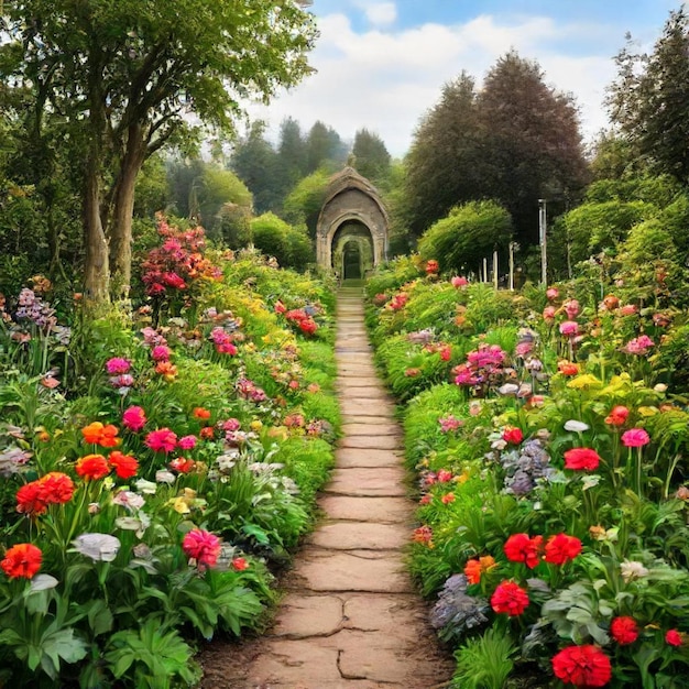 a path through a garden with flowers and a path leading to it