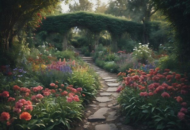 a path through a garden with flowers and a path leading to it