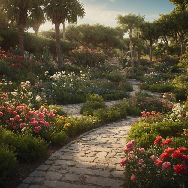 a path through a garden with flowers and trees