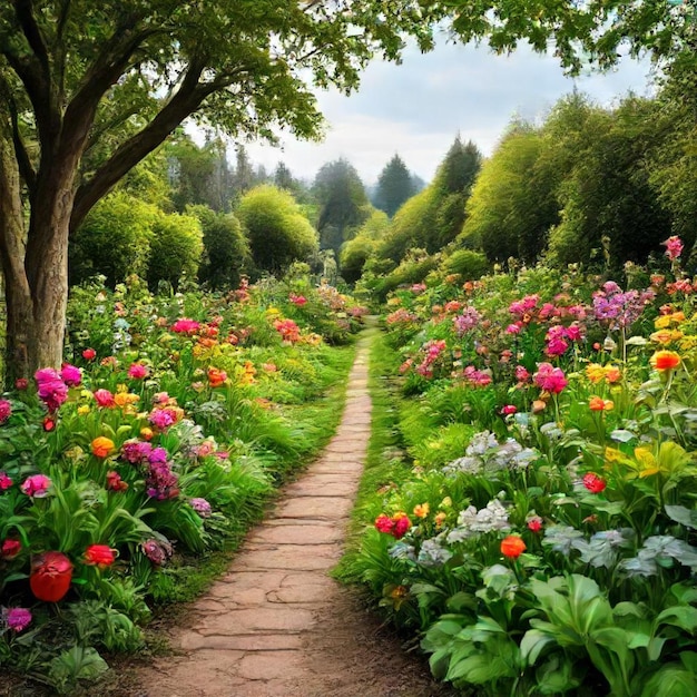 a path through a garden with flowers and trees