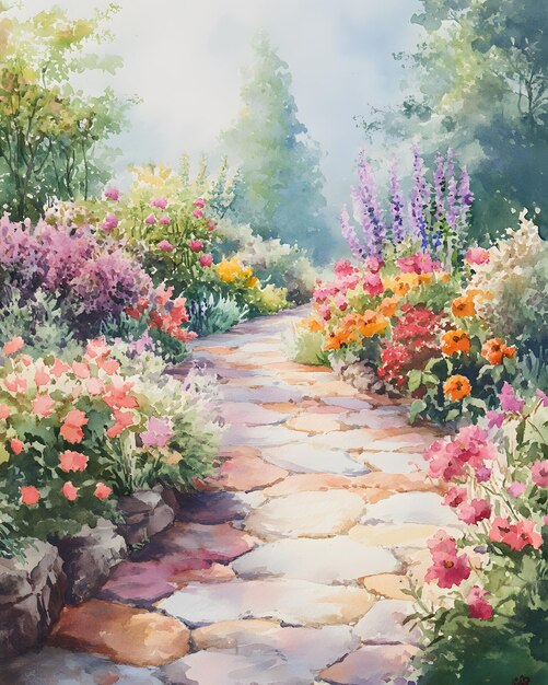 Photo a path through the garden with flowers