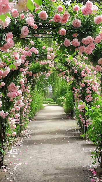 Photo a path through a garden with pink flowers on it