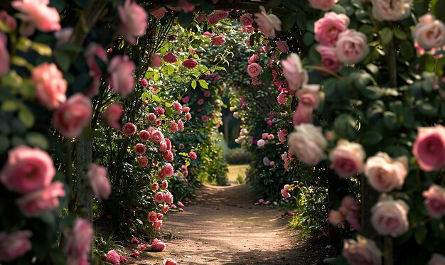 a path through a garden with roses and a path leading to a path