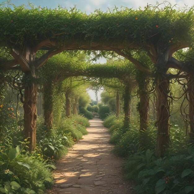 a path through a garden with a tunnel that says  garden