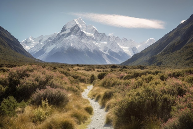 A path through the grass with a mountain in the background