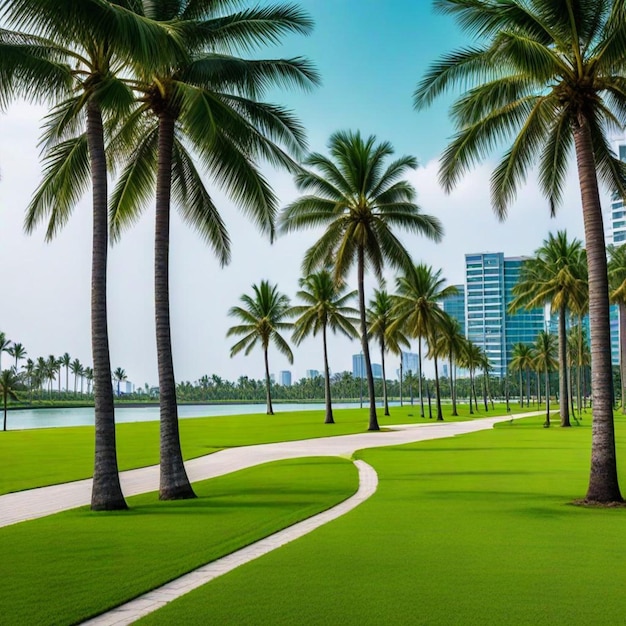 Photo a path through a green grass with palm trees in the background