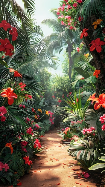 a path through a jungle with a jungle of tropical plants and flowers