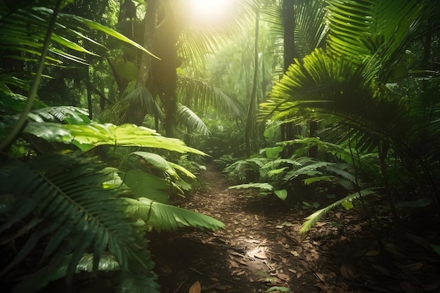 A path through the jungle with a leafy jungle in the background.