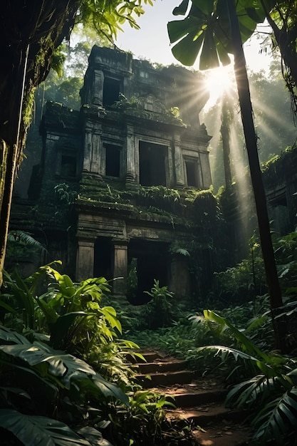 a path through a jungle with a path leading to a building with the sun shining through the trees