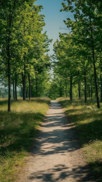 Path through a landscape with forest and trees in bright sunshine