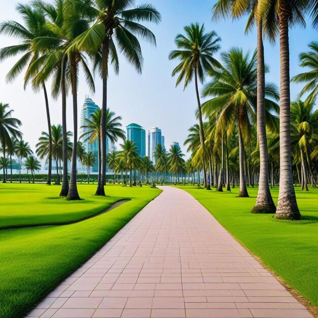 a path through a park with palm trees and a building in the background