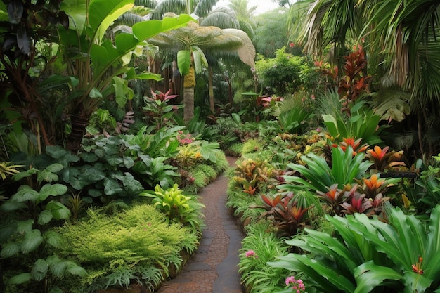 A path through a tropical garden with a tropical plant.