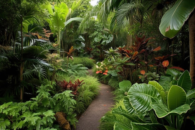 A path through a tropical garden with tropical plants and trees.