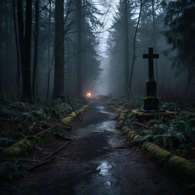 a path through the woods at night with a cross at the end