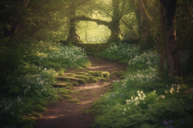 A path through the woods with a forest in the background