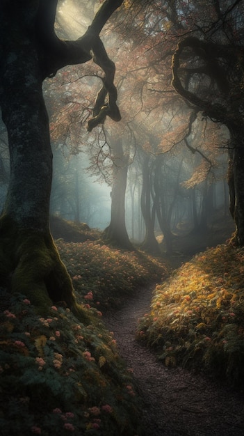 A path through the woods with a light on it