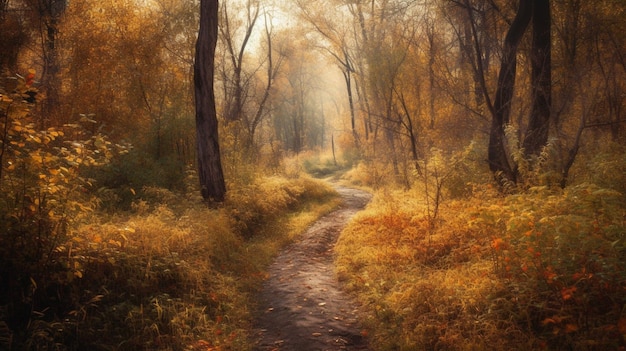 A path through the woods with the sun shining on it.