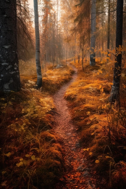 A path through the woods with the sun shining on it.