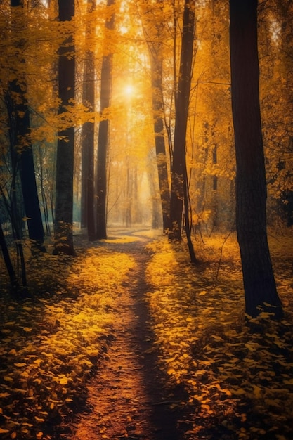 A path through the woods with the sun shining through the leaves.