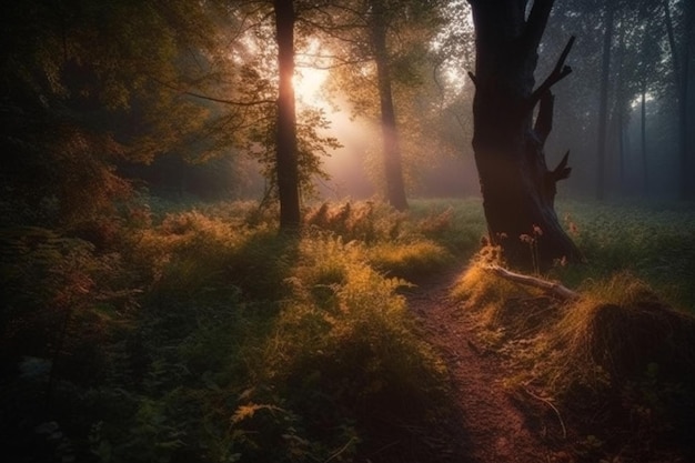 A path through the woods with the sun shining through the trees