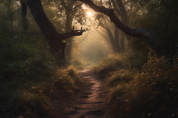 A path through the woods with the sun shining through the trees