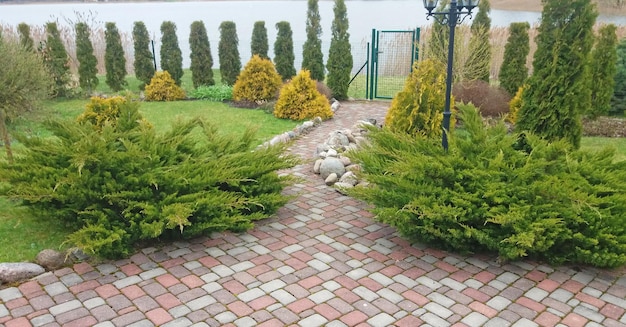 Path of tiles in the decorative garden near the house