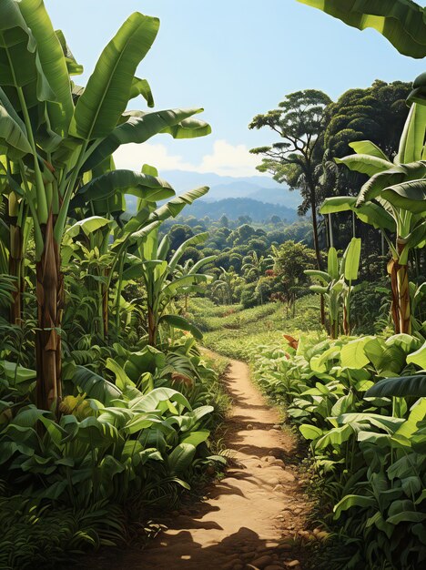 Path in the tropical jungle with banana trees and ferns