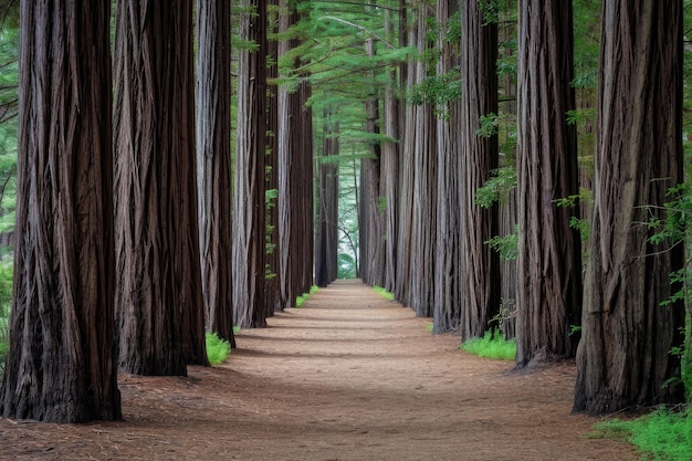 A path winds its way through a dense forest flanked by tall trees creating a mesmerizing natural corridor An alley of towering redwood trees in a coastal park AI Generated