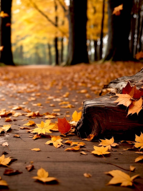 a path with autumn leaves on it and a tree trunk in the background