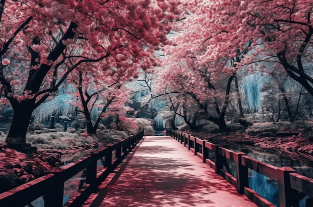 A path with a bridge and a pond in the background