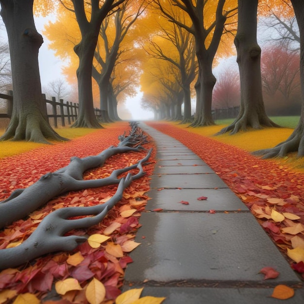 Photo a path with fallen leaves and a path that has fallen leaves on it