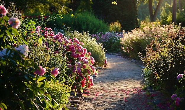 a path with flowers and a path in the background