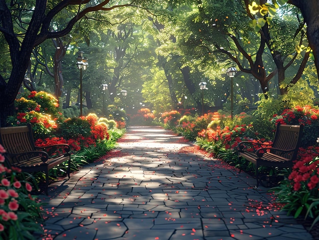 a path with flowers and a path that says  sun