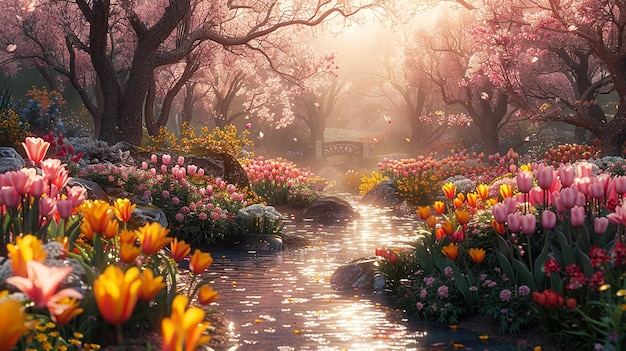 a path with flowers and a sign that says spring