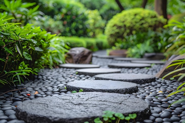 a path with a garden in the background and a small stone path with a plant in the middle