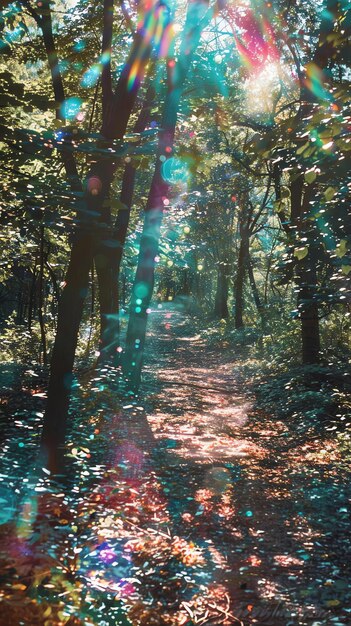 Photo a path with a light shining through it and a tree in the middle