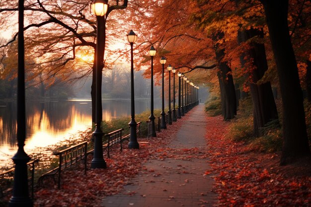 Photo a path with lights along the water and a path that says  autumn