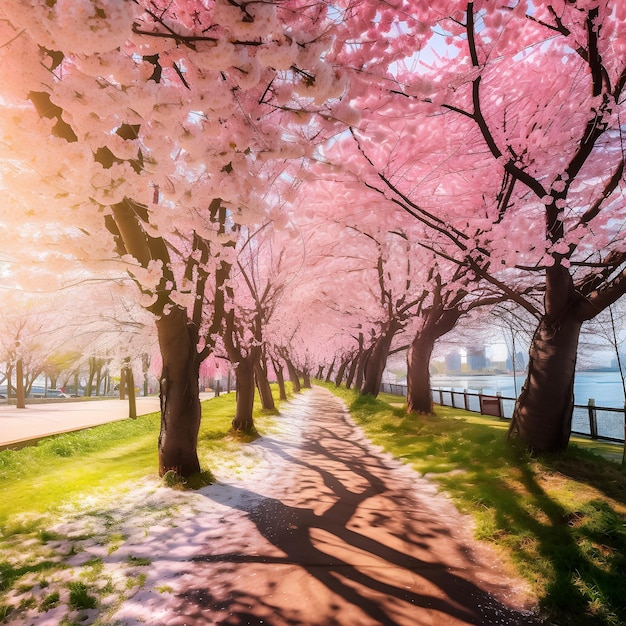 A path with pink cherry blossoms on it and a fence in the background.