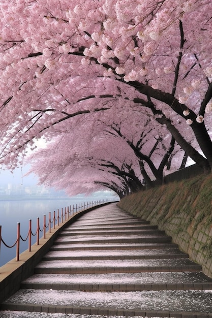 A path with pink cherry blossoms on it