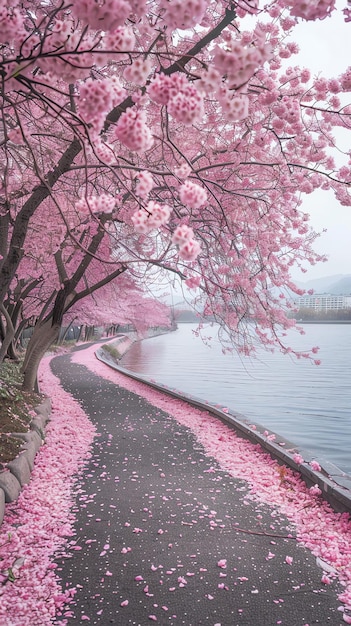 a path with pink flowers on it and a path that says cherry blossom